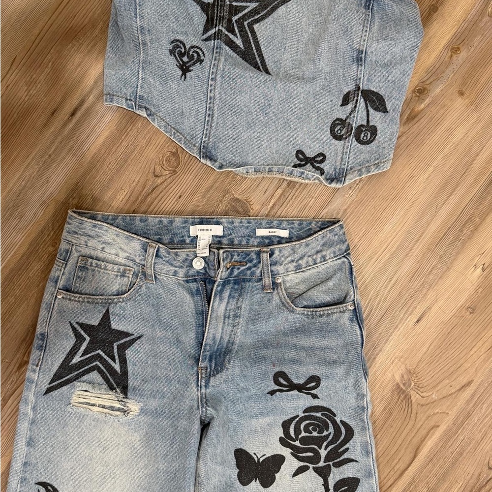 Forever 21 Blue Jeans with Black Star and Rose Patterns